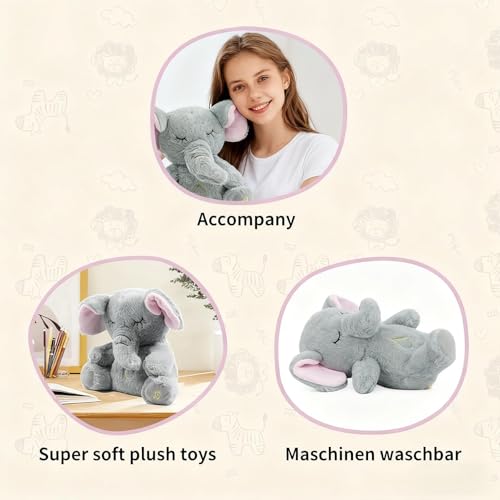 rytopt Breathing Stuffed Elephant – Simulated Breathing Sounds, 4 Speed Settings, Soft Plush Toy