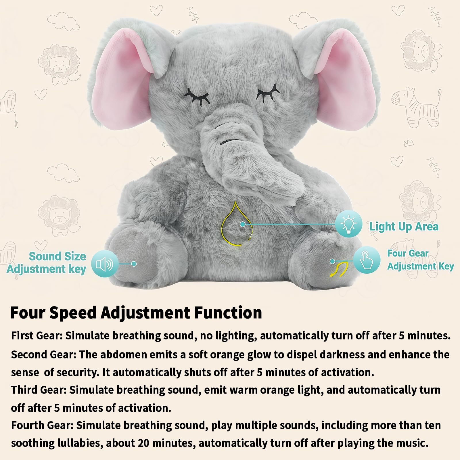 rytopt Breathing Stuffed Elephant – Simulated Breathing Sounds, 4 Speed Settings, Soft Plush Toy