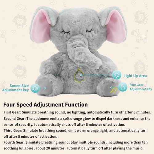 rytopt Breathing Stuffed Elephant – Simulated Breathing Sounds, 4 Speed Settings, Soft Plush Toy