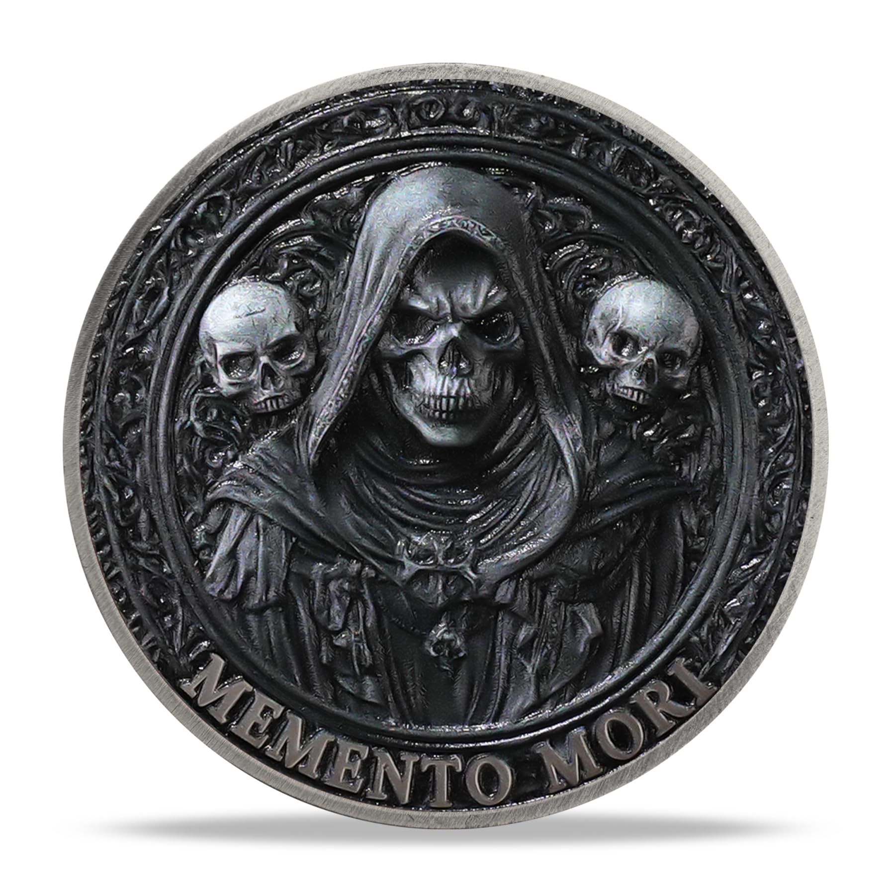 RYUKENLM Memento Mori Challenge Coin – Carpe Diem Stoic Reminder – Antique Silver Zinc Alloy