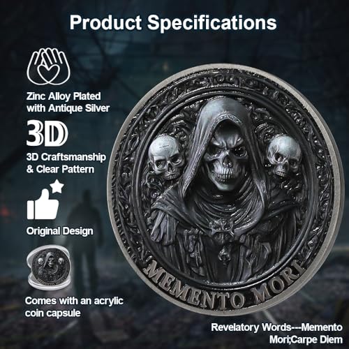RYUKENLM Memento Mori Challenge Coin – Carpe Diem Stoic Reminder – Antique Silver Zinc Alloy