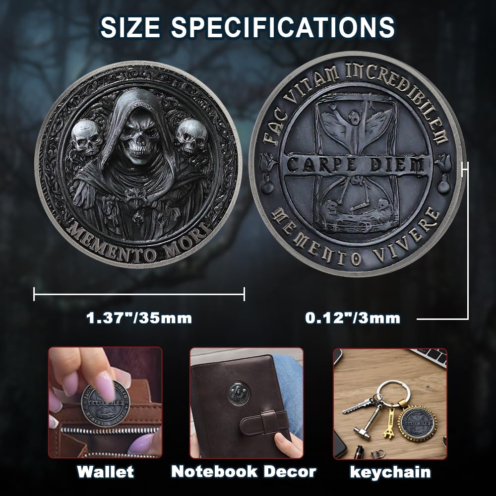 RYUKENLM Memento Mori Challenge Coin – Carpe Diem Stoic Reminder – Antique Silver Zinc Alloy