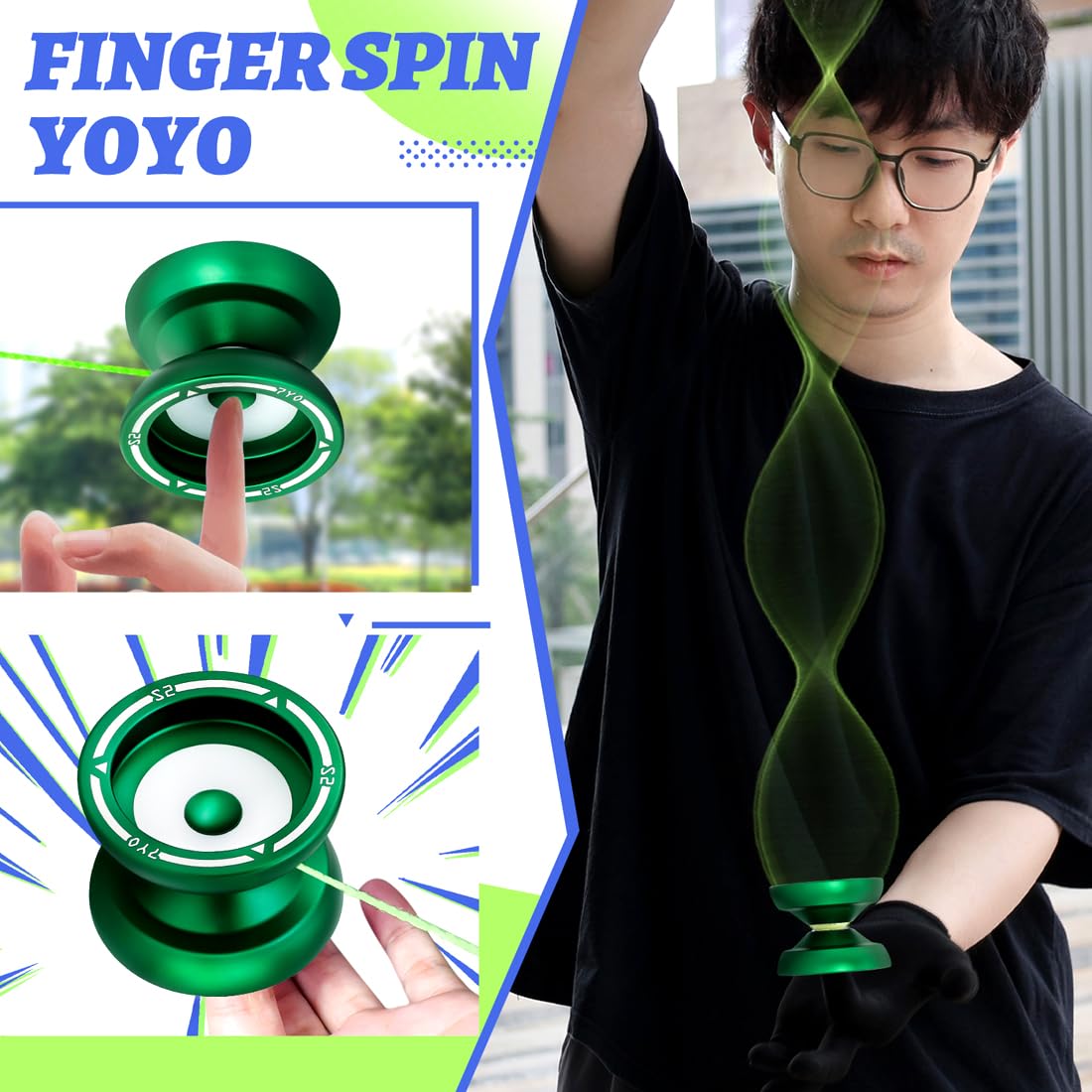 S2 Responsive Yoyo for Kids - Dual Purpose Alloy Metal Yoyo with Finger Dimple, Includes 10 Strings, Bag, and Bearings - Green