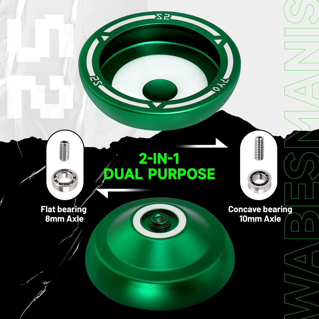 S2 Responsive Yoyo for Kids - Dual Purpose Alloy Metal Yoyo with Finger Dimple, Includes 10 Strings, Bag, and Bearings - Green