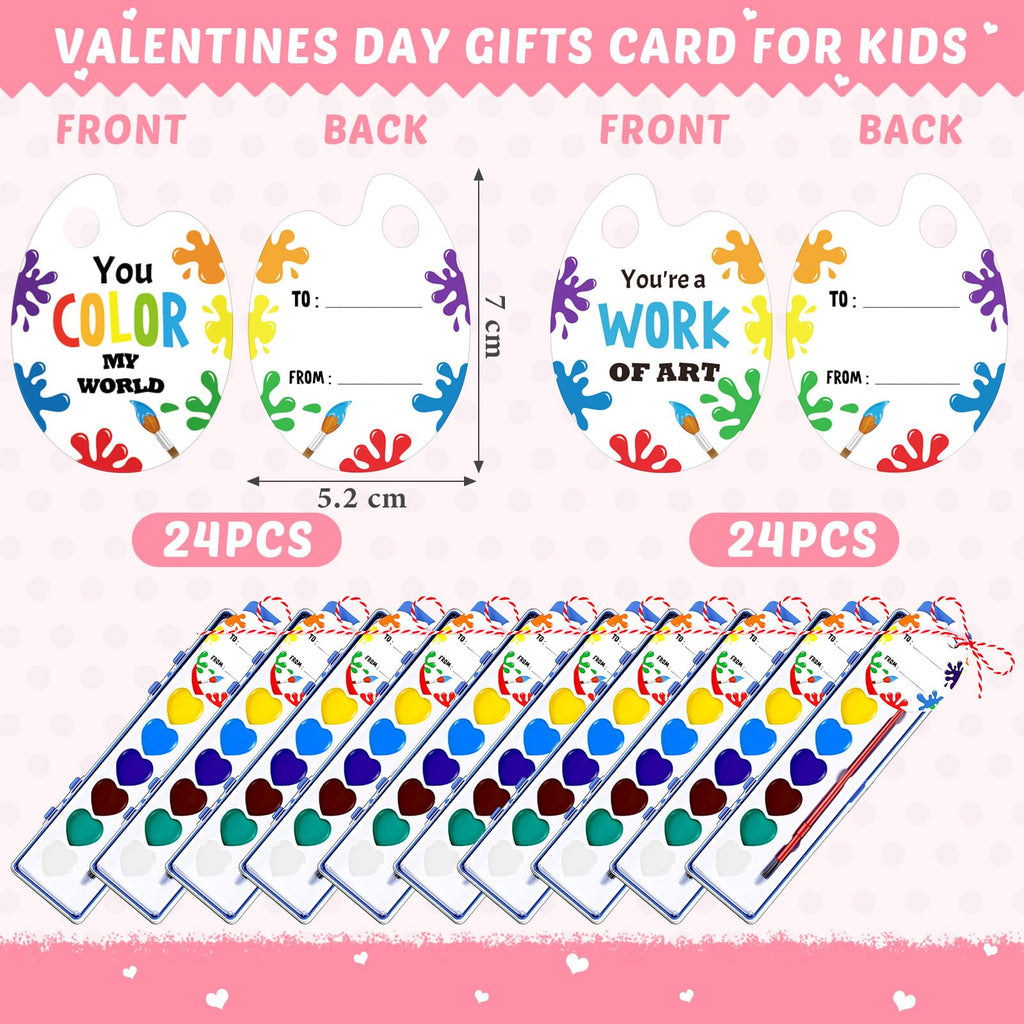 Sabary 24-Pack Watercolor Paint Set for End-of-School Gifts (Heart Theme) with Cards