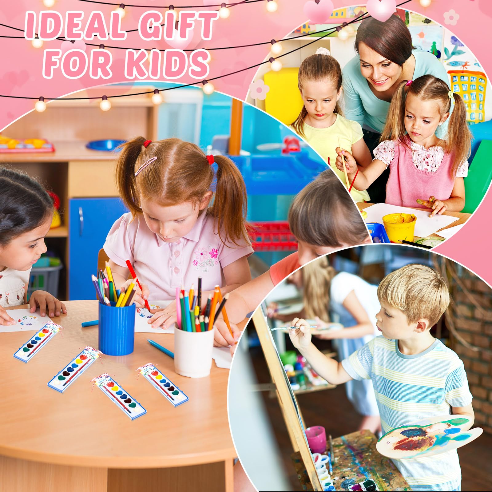 Sabary 24-Pack Watercolor Paint Set for End-of-School Gifts (Heart Theme) with Cards
