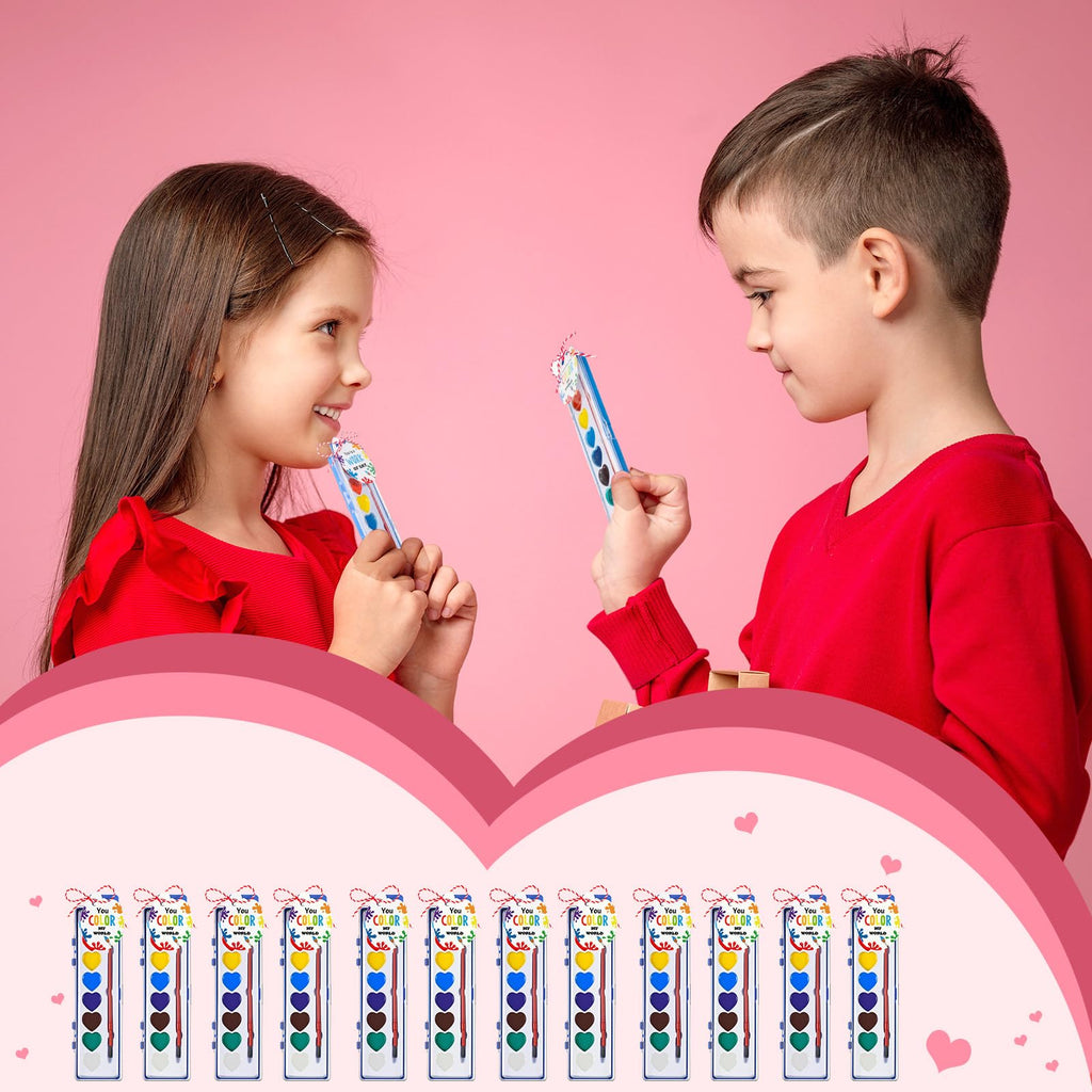 Sabary 24-Pack Watercolor Paint Set for End-of-School Gifts (Heart Theme) with Cards