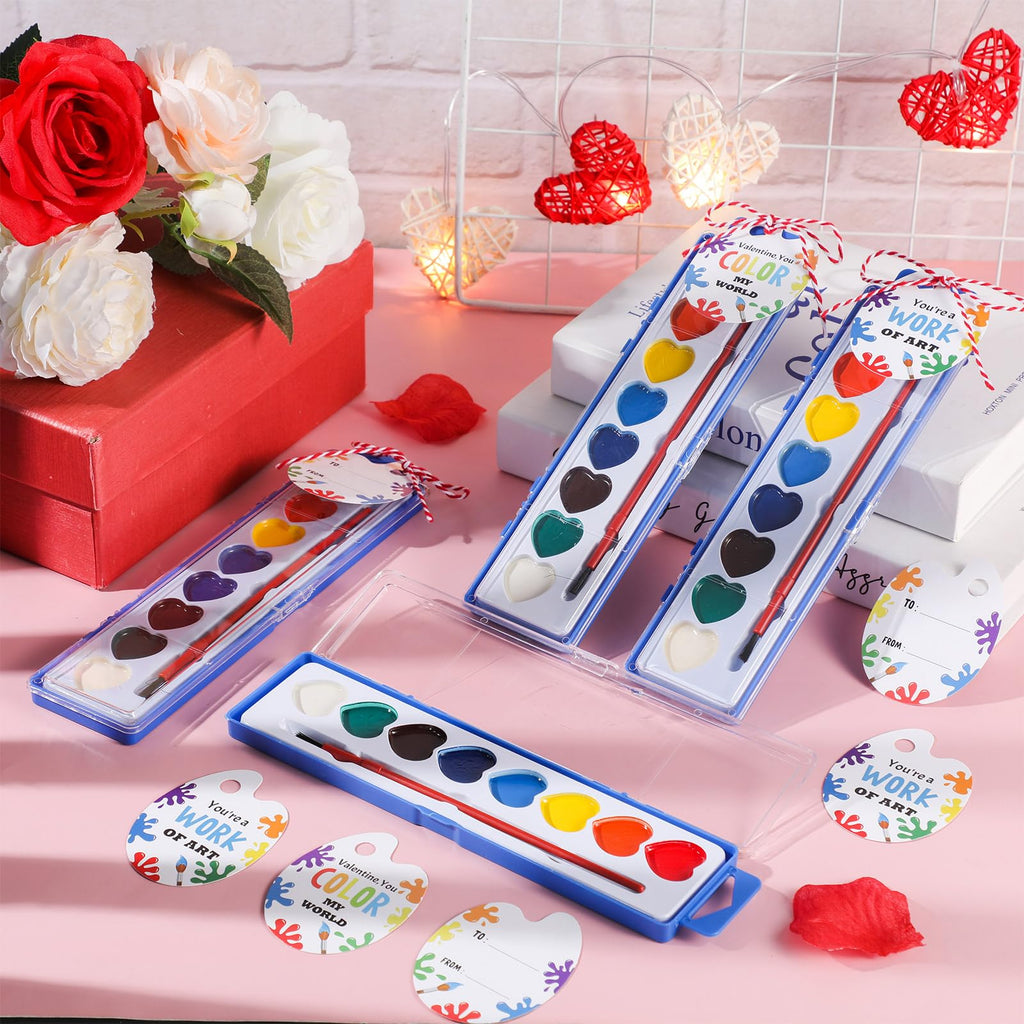 Sabary 24-Pack Watercolor Paint Set for End-of-School Gifts (Heart Theme) with Cards