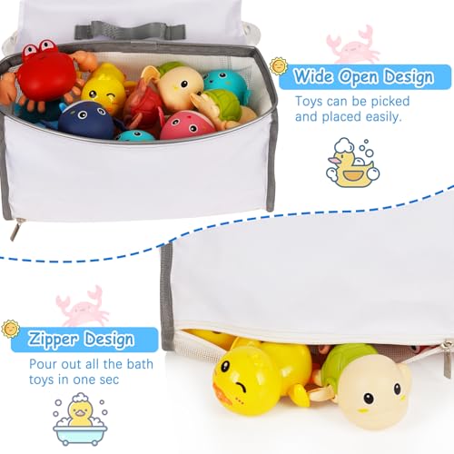 Saddle-Shaped Bath Toy Organizer, 2 Compartments, Gray - Mesh Tub Toy Storage with Side Pockets and Bottom Zipper