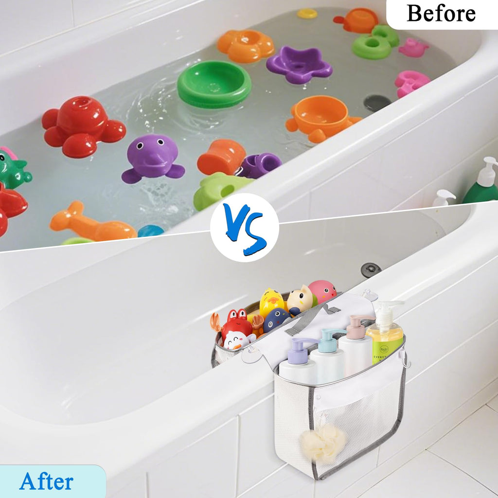 Saddle-Shaped Bath Toy Organizer, 2 Compartments, Gray - Mesh Tub Toy Storage with Side Pockets and Bottom Zipper