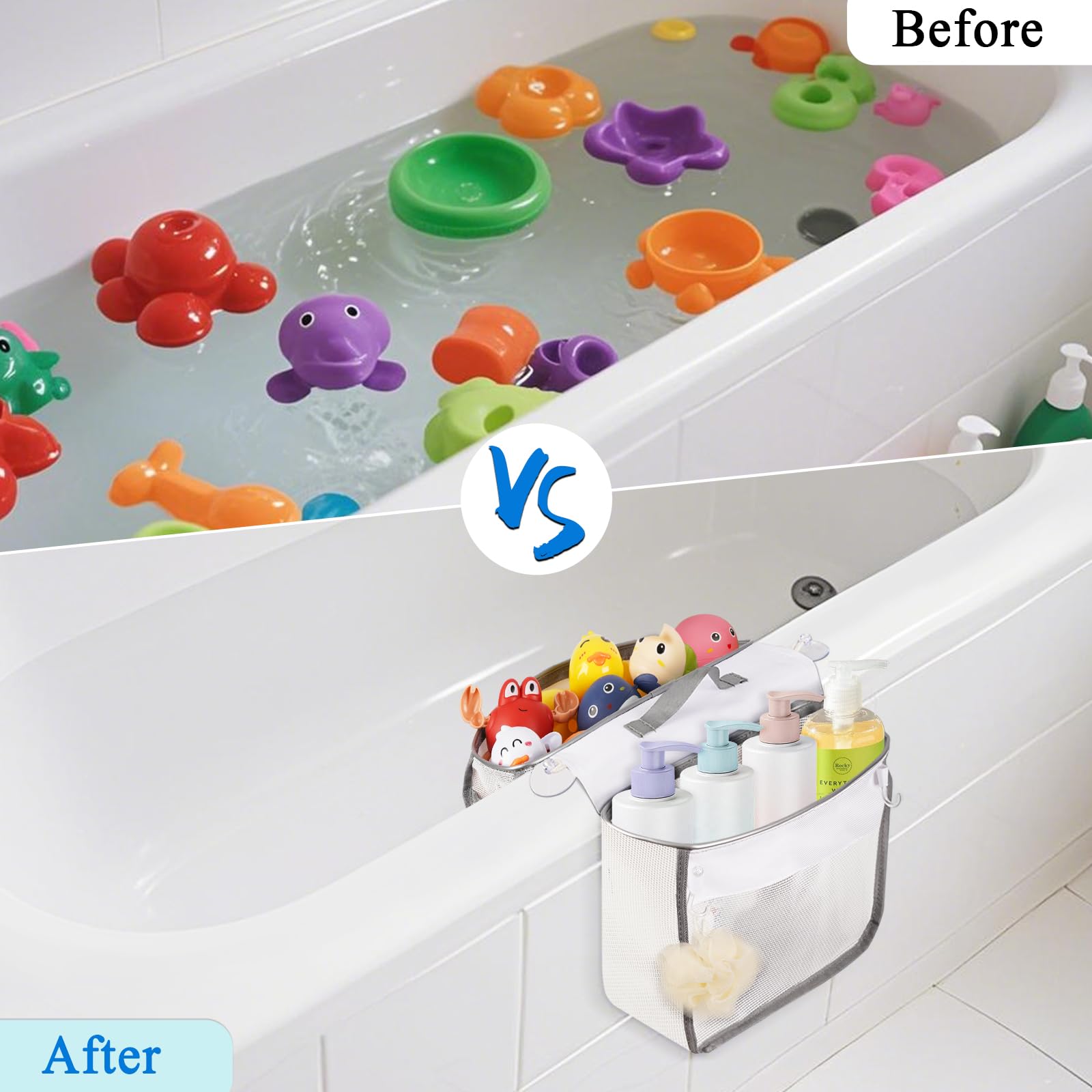 Saddle-Shaped Bath Toy Organizer, 2 Compartments, Gray - Mesh Tub Toy Storage with Side Pockets and Bottom Zipper