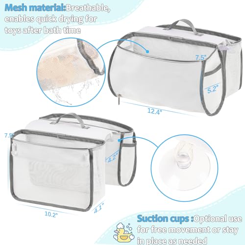 Saddle-Shaped Bath Toy Organizer, 2 Compartments, Gray - Mesh Tub Toy Storage with Side Pockets and Bottom Zipper