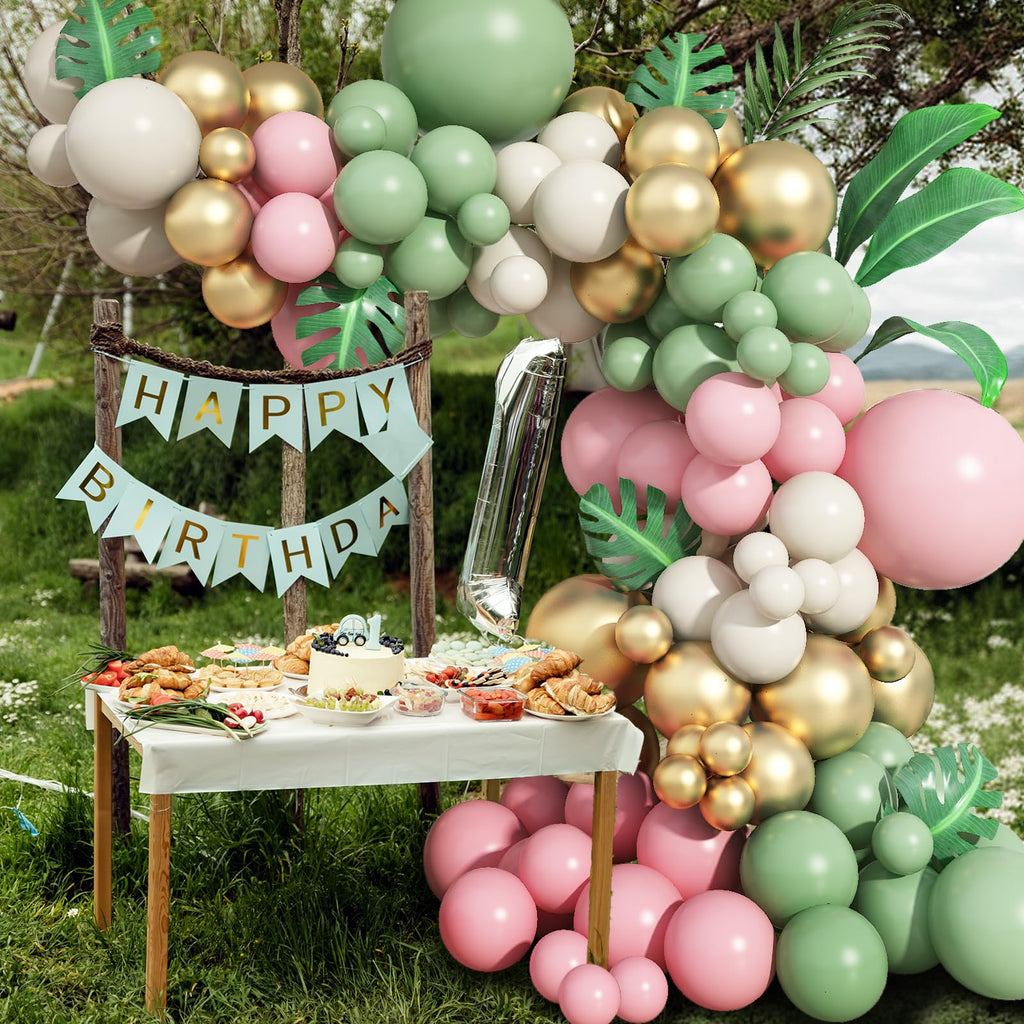Sage Green and Pink Balloon Arch Kit – 137 Pieces with Metallic Gold and Sand White for Baby Showers and Birthdays