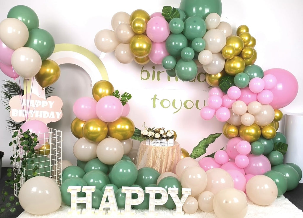 Sage Green and Pink Balloon Arch Kit – 137 Pieces with Metallic Gold and Sand White for Baby Showers and Birthdays