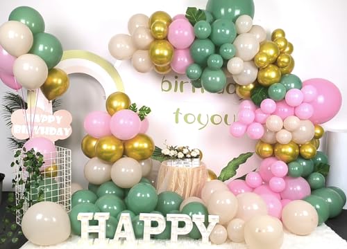 Sage Green and Pink Balloon Arch Kit – 137 Pieces with Metallic Gold and Sand White for Baby Showers and Birthdays