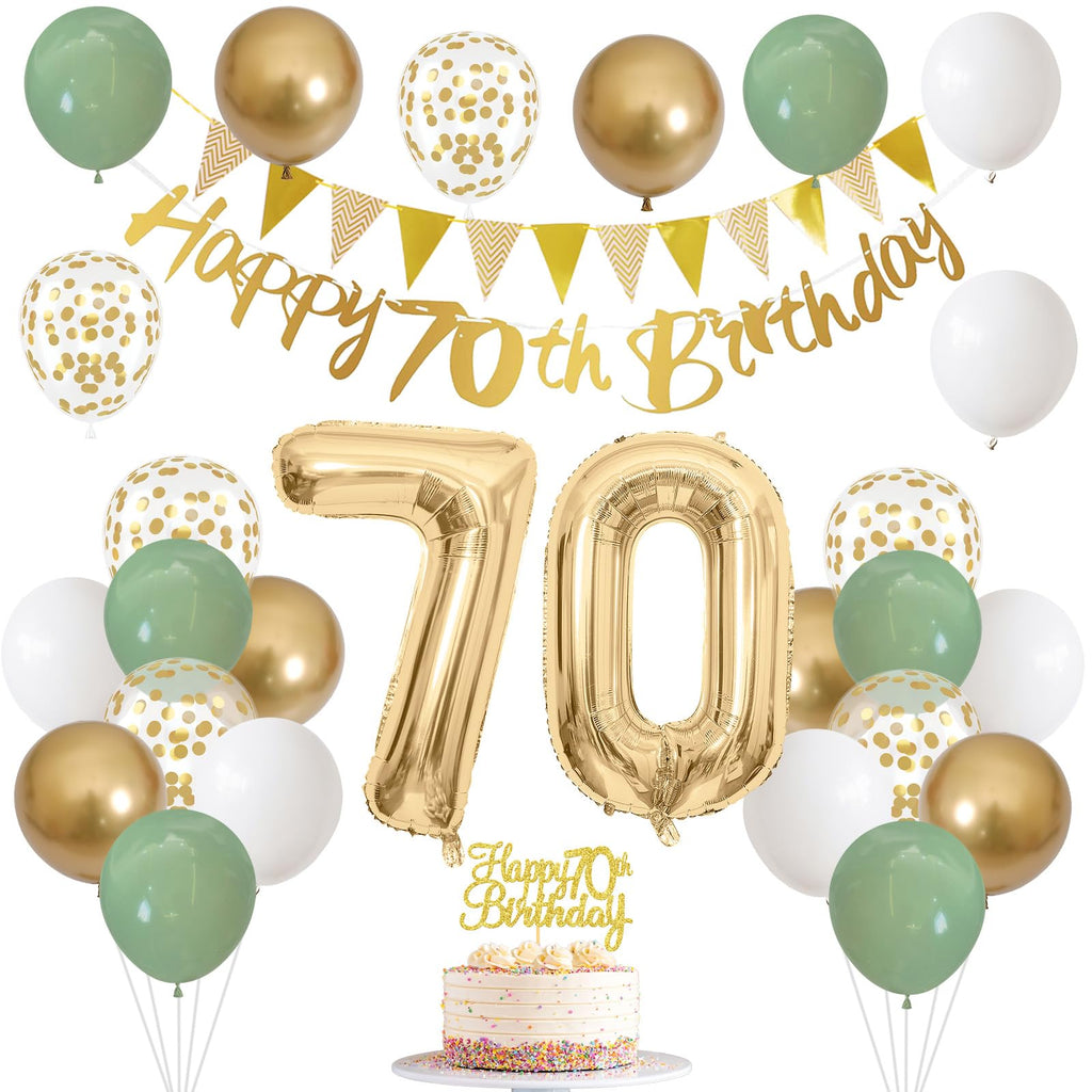 Sage Green White Gold 70th Birthday Balloons Set with Banner, Number 70 Foil Balloons, and Cake Topper