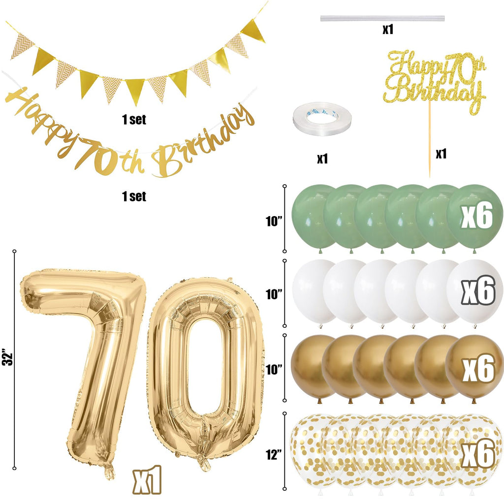 Sage Green White Gold 70th Birthday Balloons Set with Banner, Number 70 Foil Balloons, and Cake Topper