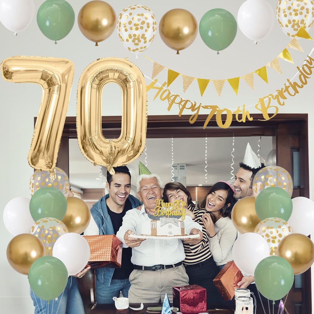 Sage Green White Gold 70th Birthday Balloons Set with Banner, Number 70 Foil Balloons, and Cake Topper