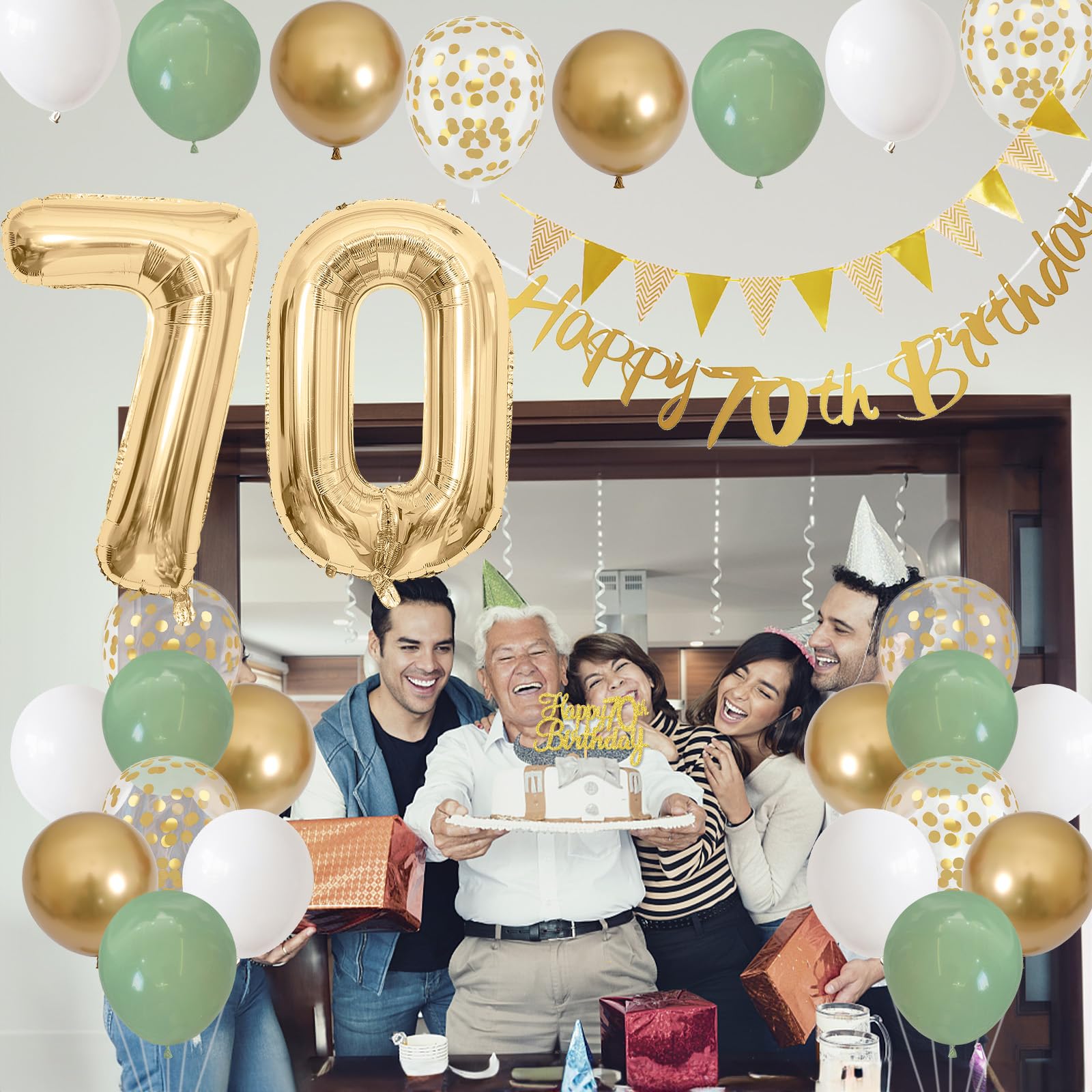 Sage Green White Gold 70th Birthday Balloons Set with Banner, Number 70 Foil Balloons, and Cake Topper