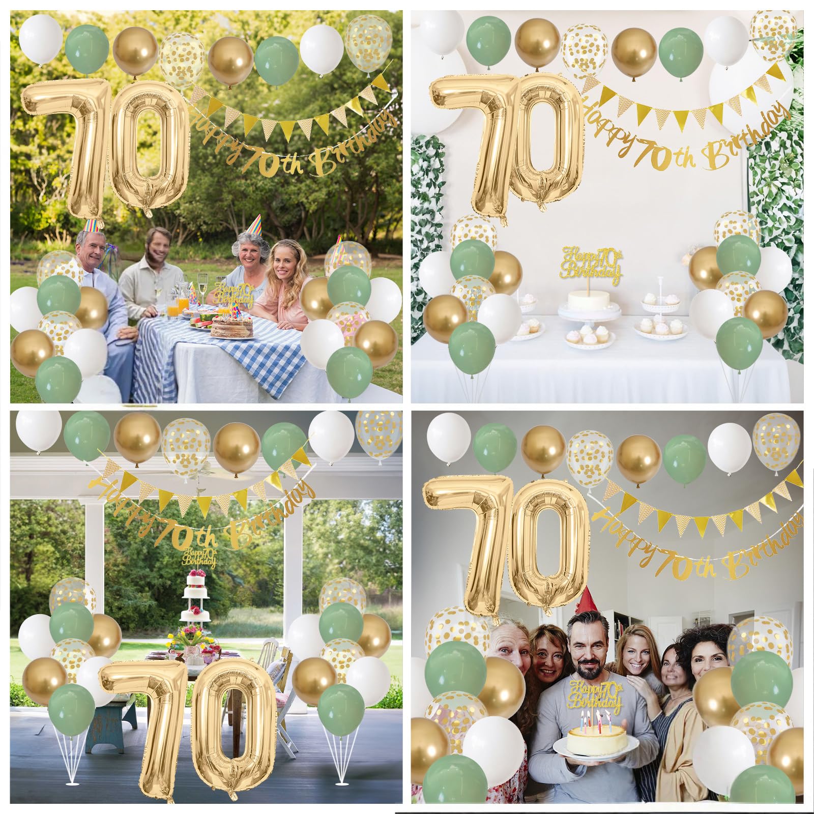 Sage Green White Gold 70th Birthday Balloons Set with Banner, Number 70 Foil Balloons, and Cake Topper