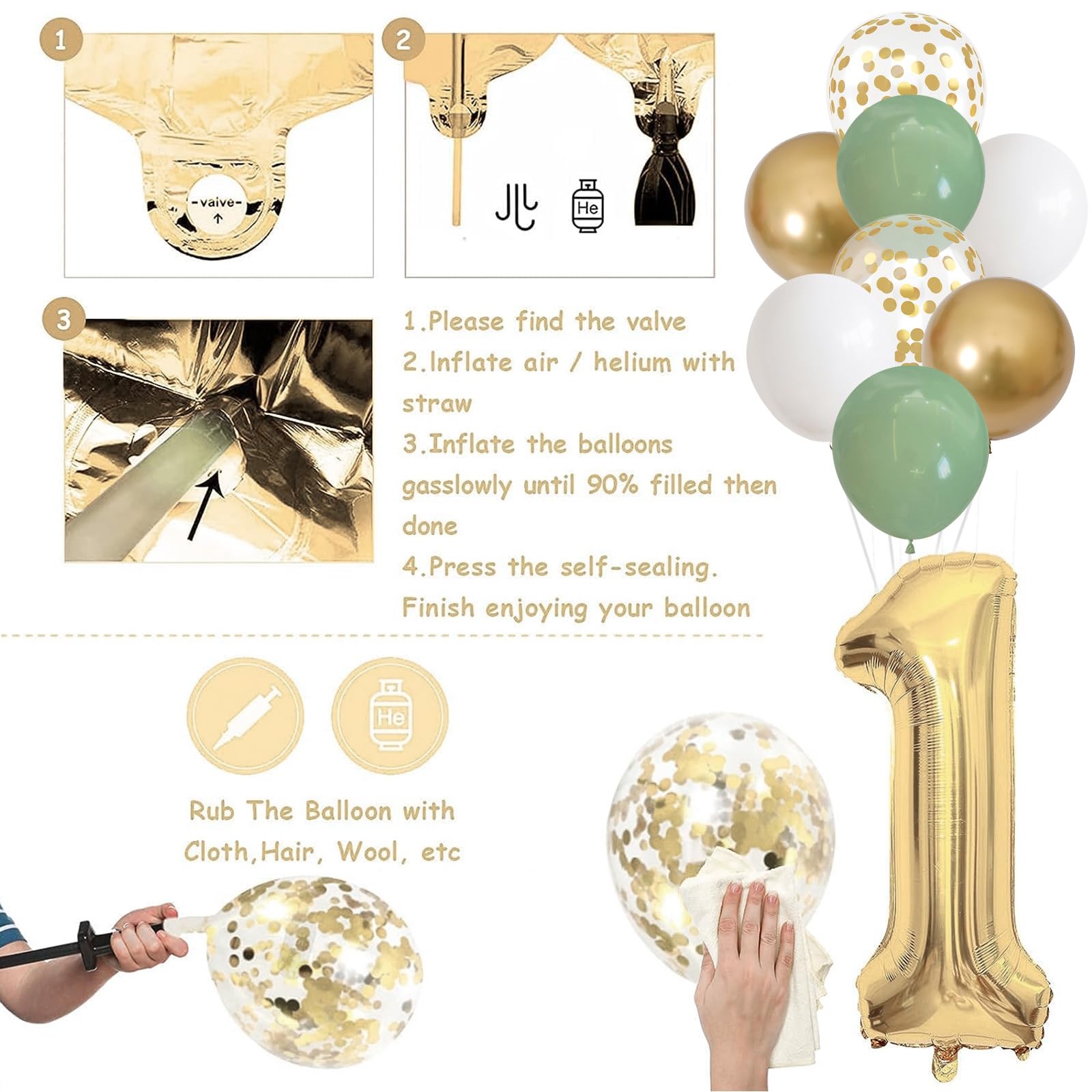 Sage Green White Gold 70th Birthday Balloons Set with Banner, Number 70 Foil Balloons, and Cake Topper