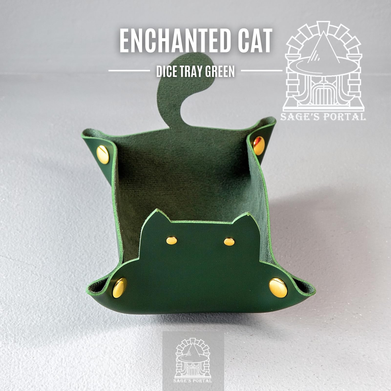 Sage's Portal Enchanted Cat Dice Tray – Foldable PU Leather Rolling Tray for D&D, Pathfinder, MTG, Green