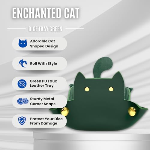 Sage's Portal Enchanted Cat Dice Tray – Foldable PU Leather Rolling Tray for D&D, Pathfinder, MTG, Green
