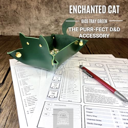 Sage's Portal Enchanted Cat Dice Tray – Foldable PU Leather Rolling Tray for D&D, Pathfinder, MTG, Green