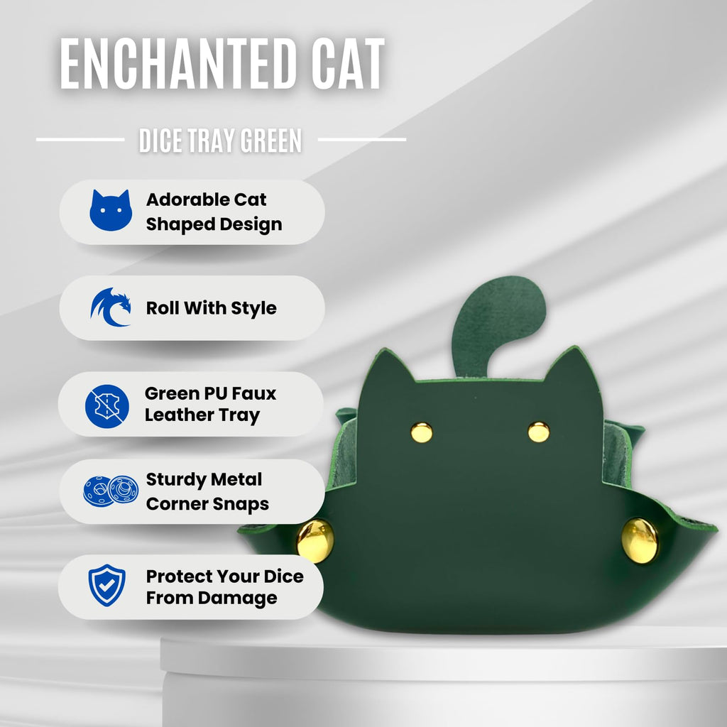 Sage's Portal Enchanted Cat Dice Tray – Foldable PU Leather Rolling Tray for D&D, Pathfinder, MTG, Green