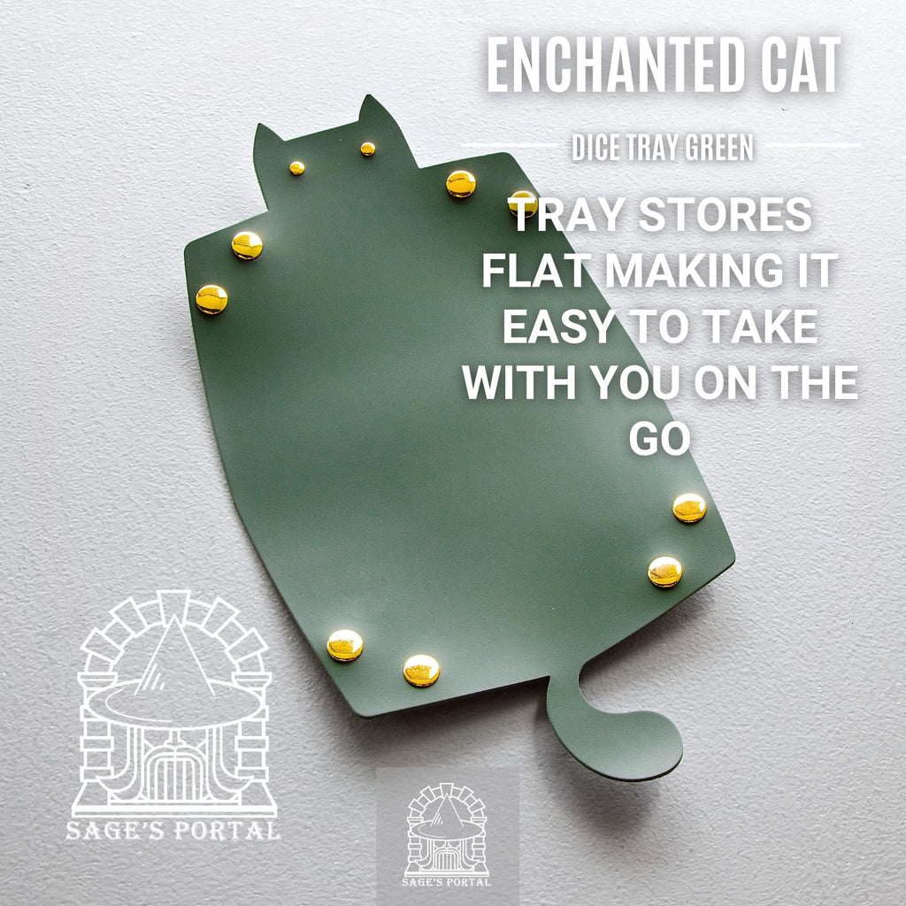 Sage's Portal Enchanted Cat Dice Tray – Foldable PU Leather Rolling Tray for D&D, Pathfinder, MTG, Green
