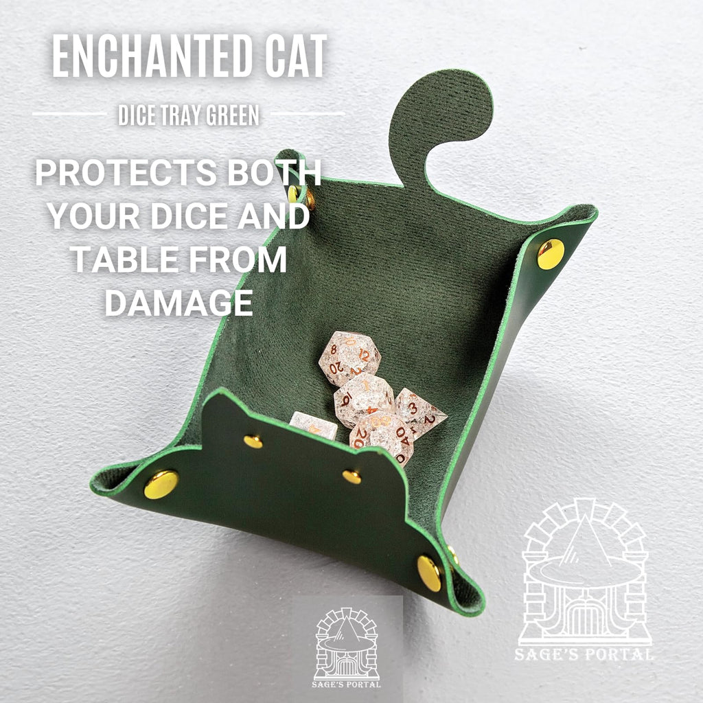 Sage's Portal Enchanted Cat Dice Tray – Foldable PU Leather Rolling Tray for D&D, Pathfinder, MTG, Green