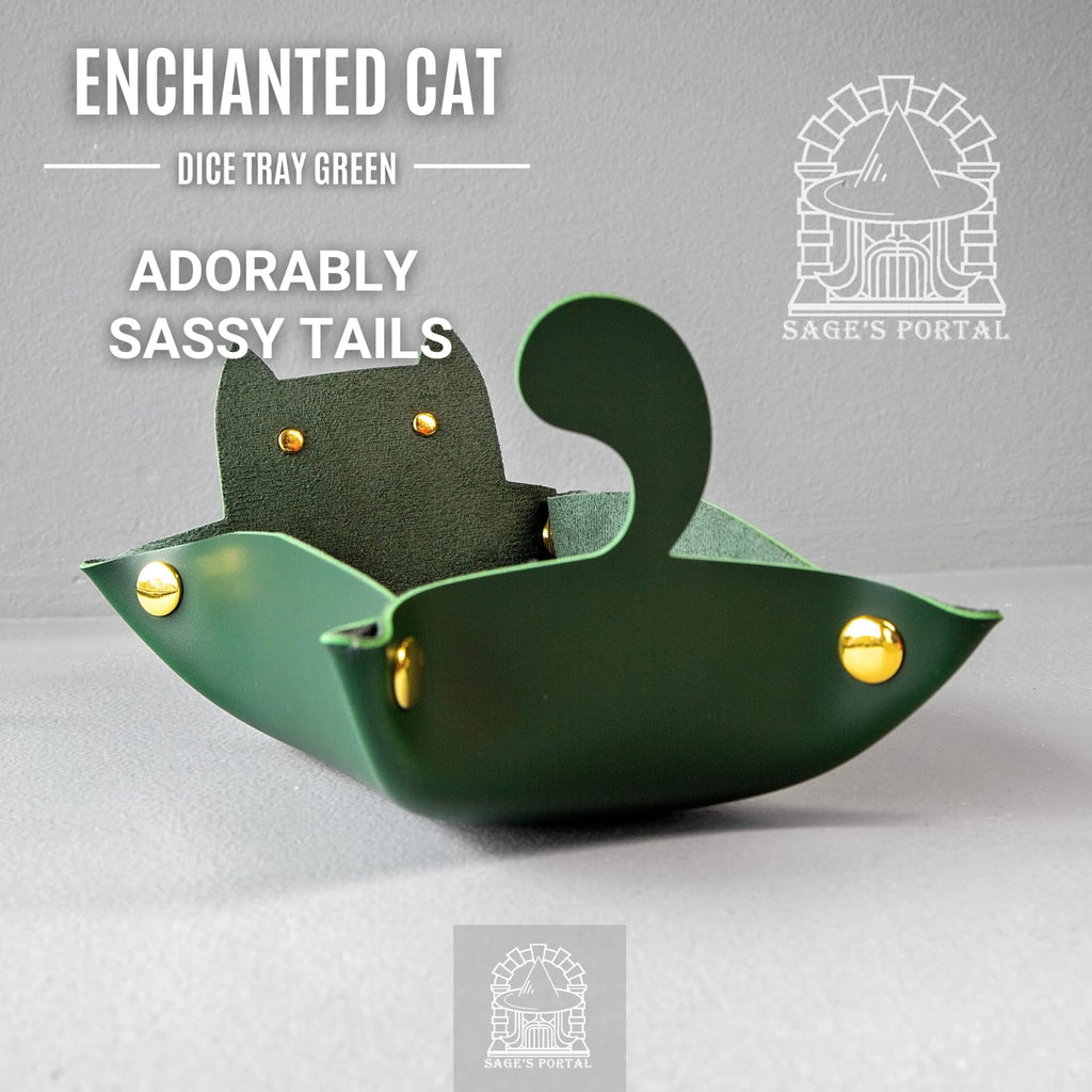 Sage's Portal Enchanted Cat Dice Tray – Foldable PU Leather Rolling Tray for D&D, Pathfinder, MTG, Green