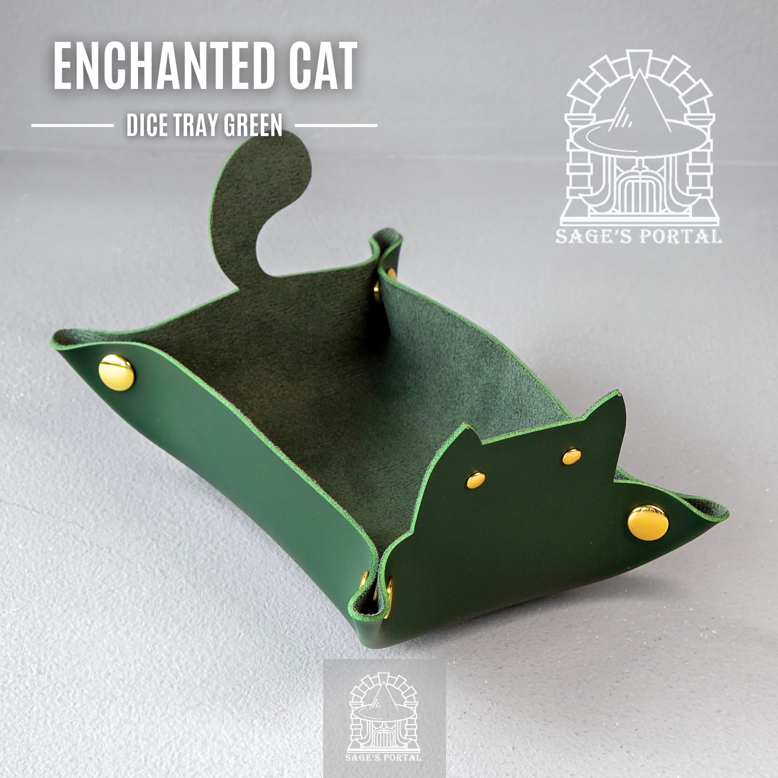 Sage's Portal Enchanted Cat Dice Tray – Foldable PU Leather Rolling Tray for D&D, Pathfinder, MTG, Green