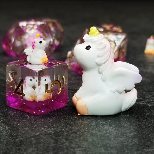 Sage's Portal Unicorn Familiar Resin Dice Set – 7-Piece Polyhedral DND Dice with Baby Unicorn Inclusion and Gold Ink