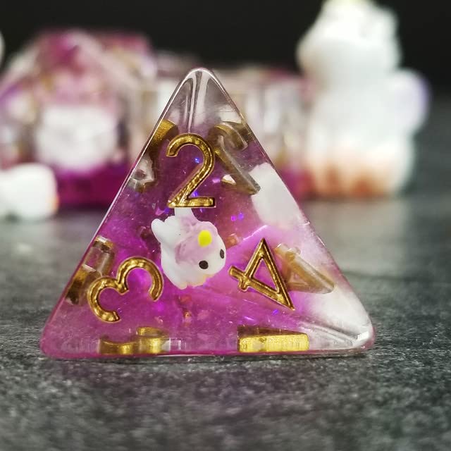 Sage's Portal Unicorn Familiar Resin Dice Set – 7-Piece Polyhedral DND Dice with Baby Unicorn Inclusion and Gold Ink