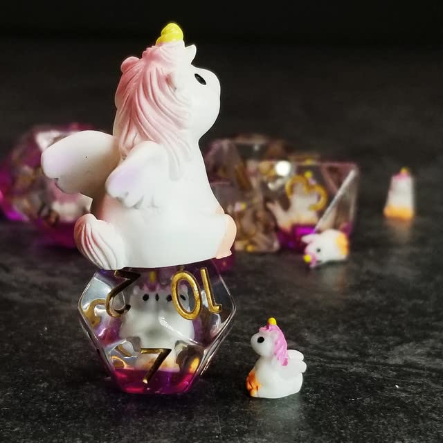 Sage's Portal Unicorn Familiar Resin Dice Set – 7-Piece Polyhedral DND Dice with Baby Unicorn Inclusion and Gold Ink