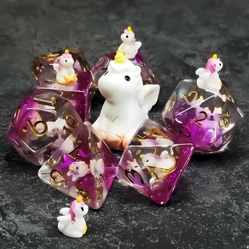 Sage's Portal Unicorn Familiar Resin Dice Set – 7-Piece Polyhedral DND Dice with Baby Unicorn Inclusion and Gold Ink