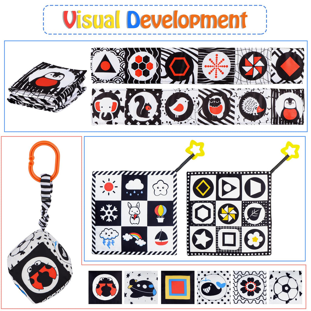 SAMMAS 3-Piece Black and White High Contrast Baby Toys Set - Newborn Sensory Soft Book, Rattle & Teether for 0-6 Months, Montessori Early Learning
