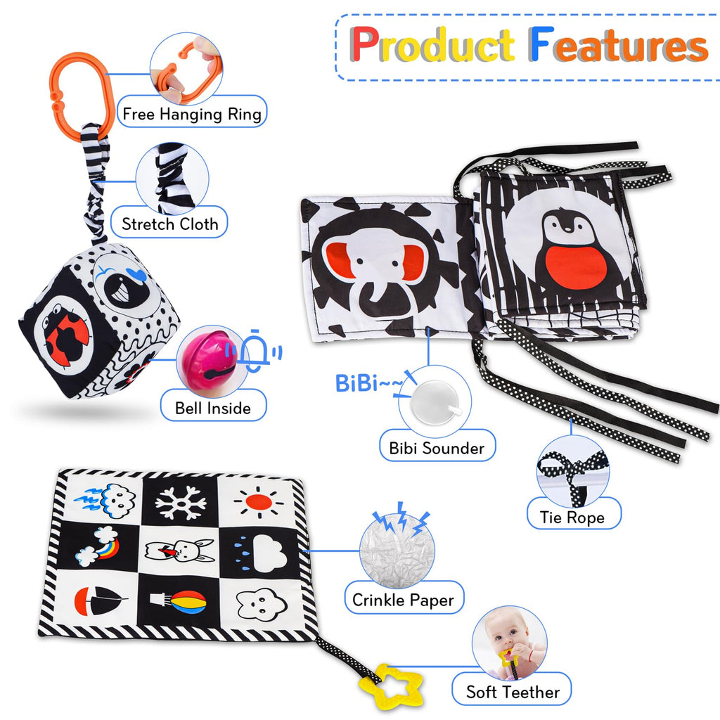 SAMMAS 3-Piece Black and White High Contrast Baby Toys Set - Newborn Sensory Soft Book, Rattle & Teether for 0-6 Months, Montessori Early Learning