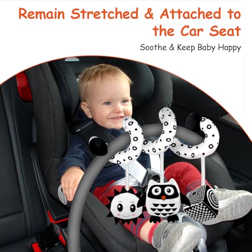 SAMMAS Baby Spiral Stroller Toy for 0-6 Months – Black & White Owl with Rattles and Squeaker