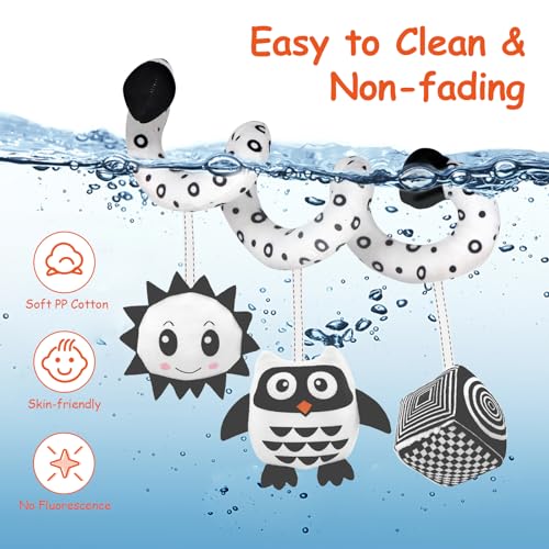 SAMMAS Baby Spiral Stroller Toy for 0-6 Months – Black & White Owl with Rattles and Squeaker
