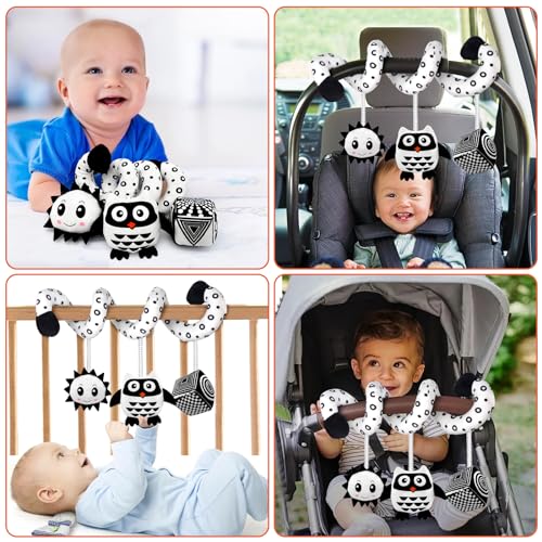 SAMMAS Baby Spiral Stroller Toy for 0-6 Months – Black & White Owl with Rattles and Squeaker