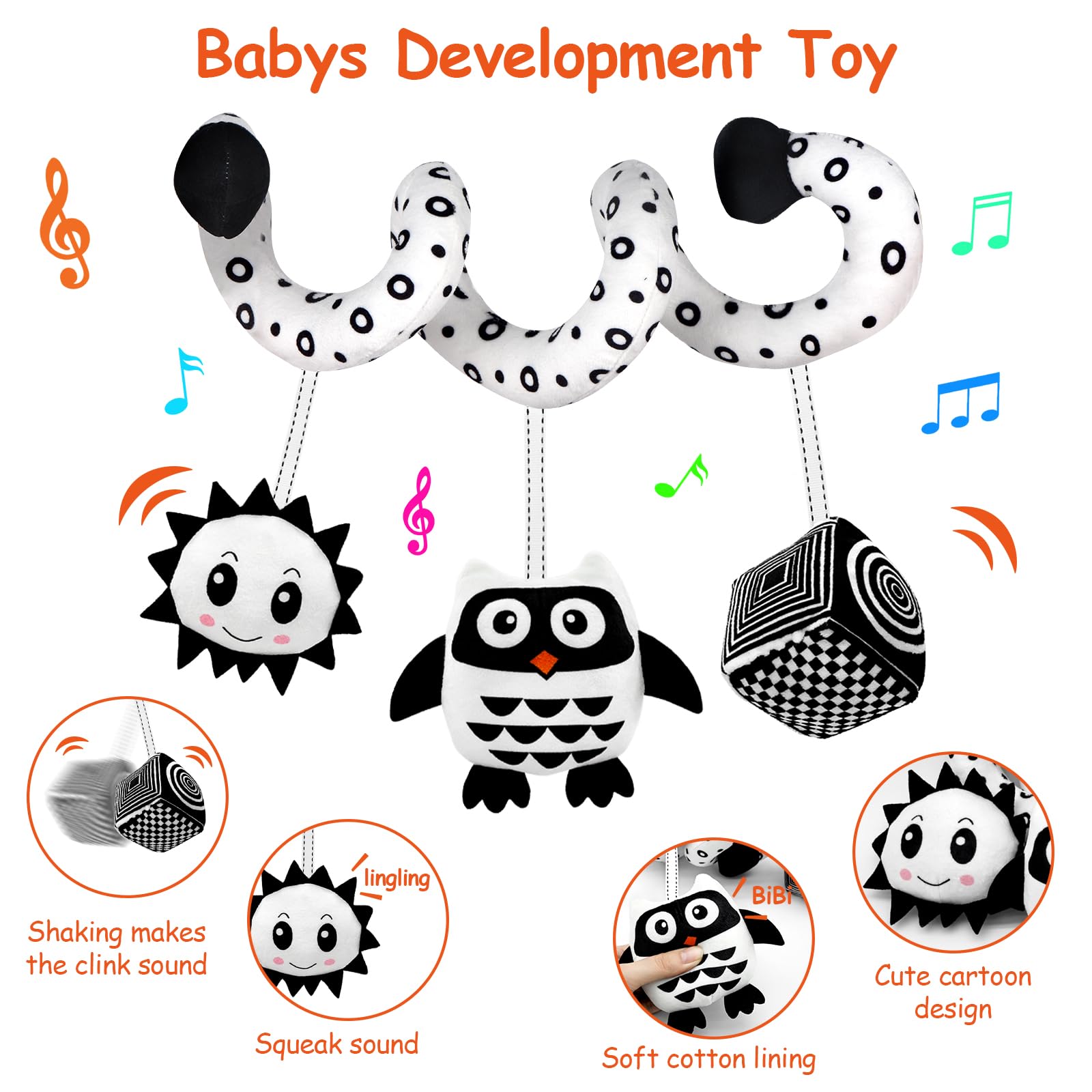 SAMMAS Baby Spiral Stroller Toy for 0-6 Months – Black & White Owl with Rattles and Squeaker