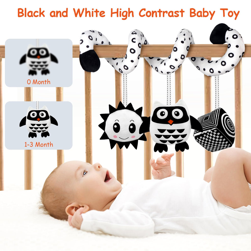 SAMMAS Baby Spiral Stroller Toy for 0-6 Months – Black & White Owl with Rattles and Squeaker