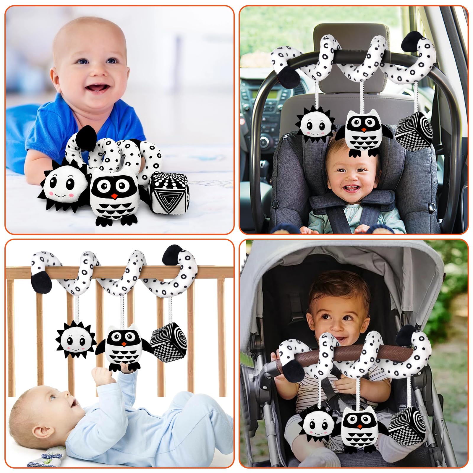 SAMMAS Baby Spiral Stroller Toy for 0-6 Months – Black & White Owl with Rattles and Squeaker