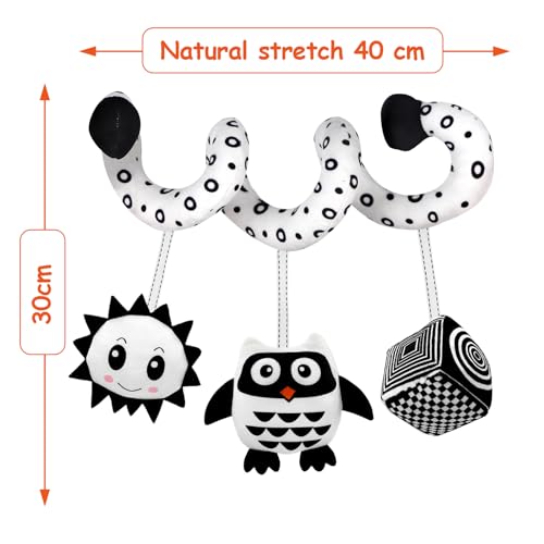 SAMMAS Baby Spiral Stroller Toy for 0-6 Months – Black & White Owl with Rattles and Squeaker