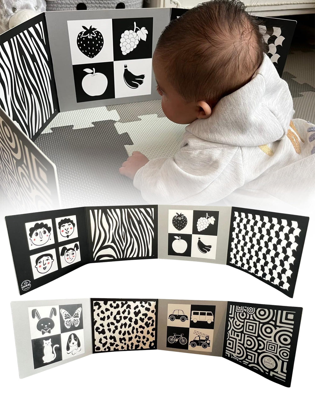 Samuel Sensory Supersized Black and White Board for Babies - 100cm Fold-Out High Contrast Tummy Time Cards with 8 Patterns