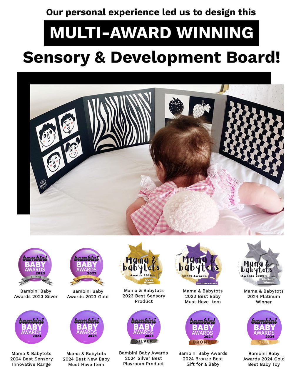 Samuel Sensory Supersized Black and White Board for Babies - 100cm Fold-Out High Contrast Tummy Time Cards with 8 Patterns