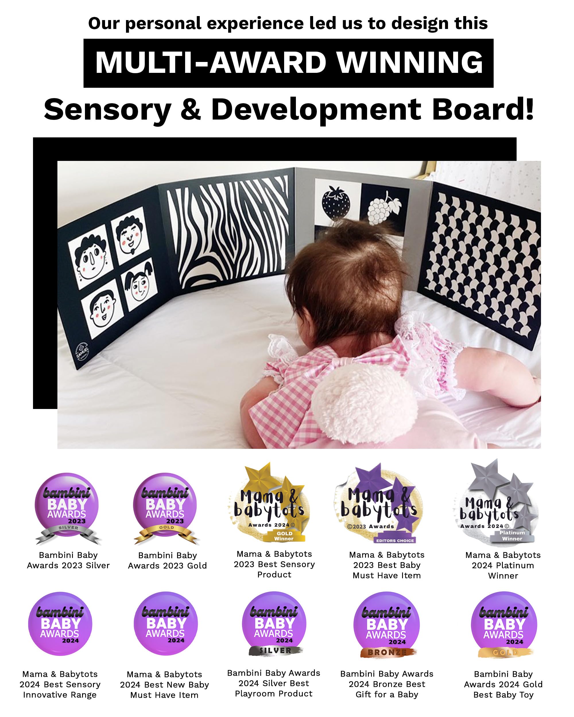 Samuel Sensory Supersized Black and White Board for Babies - 100cm Fold-Out High Contrast Tummy Time Cards with 8 Patterns