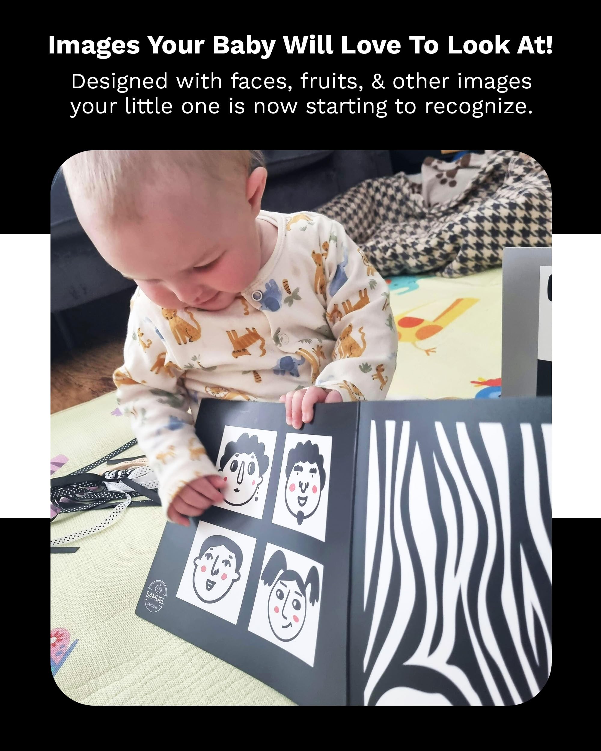 Samuel Sensory Supersized Black and White Board for Babies - 100cm Fold-Out High Contrast Tummy Time Cards with 8 Patterns